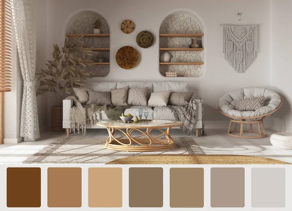 Interior design scene with palette color. Different colors and patterns. Architect and designer concept idea. Bohemian wooden living room in boho style