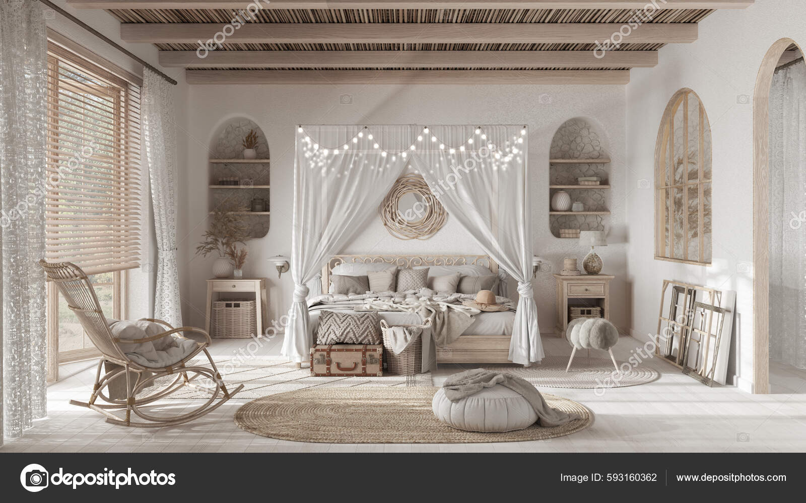 Bohemian Bedroom Canopy Bed White Tones Parquet Plaster Walls Cane