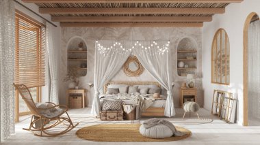 Beyaz ve bej renkte tenteli yataklı bohem yatak odası. Parke, doğal duvar kağıdı ve baston tavan. Rattan ve ahşap mobilyalar. Boho tarzı iç tasarım