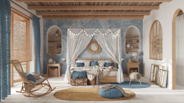 Bohem yatak odası, beyaz ve mavi pastel tonlar ile örtülü yatak odası. Parke, doğal duvar kağıdı ve baston tavan. Rattan ve ahşap mobilyalar. Boho tarzı iç tasarım