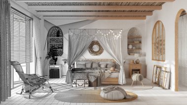 Mimari iç mimar konsepti: el yapımı taslak tamamlanmamış proje gerçek oluyor, tepe örtülü yatak odası. Parke ve baston tavan. Boho tarzı