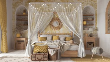 Beyaz ve sarı tonlarda tenteli yataklı bohem yatak odası. Parke, doğal duvar kağıdı ve etnik halılar. Rattan ve ahşap mobilyalar. Boho tarzı iç tasarım