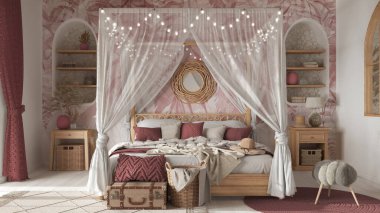 Bohemian bedroom with canopy bed in white and red tones. Parquet, natural wallpaper and ethnic carpets. Rattan and wooden furniture. Boho style interior design