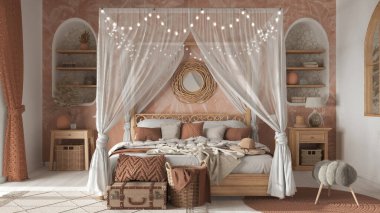Beyaz ve turuncu renkli tenteli bir yatak odası. Parke, doğal duvar kağıdı ve etnik halılar. Rattan ve ahşap mobilyalar. Boho tarzı iç tasarım