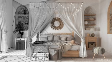 Mimari iç mimar konsepti: el yapımı taslak tamamlanmamış proje gerçek oluyor, tepe örtülü yatak odası. Rattan ve ahşap mobilyalar. Boho tarzı iç tasarım