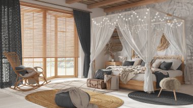 Beyaz ve gri tonlarda tenteli yataklı zarif bir yatak odası. Parke, doğal duvar kağıdı ve baston tavan. Bohem Rattan ve ahşap mobilyalar. Boho tarzı iç tasarım