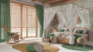 Beyaz ve yeşil tonlarda tenteli yataklı zarif bir yatak odası. Parke, doğal duvar kağıdı ve baston tavan. Bohem Rattan ve ahşap mobilyalar. Boho tarzı iç tasarım