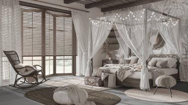 Beyaz ve koyu renkli tenteli yataklı şık bir yatak odası. Parke, doğal duvar kağıdı ve baston tavan. Bohem Rattan ve ahşap mobilyalar. Boho tarzı iç tasarım