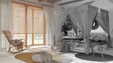 Mimari iç mimar konsepti: el yapımı taslak tamamlanmamış proje gerçek, şık yatak odası ve cibinlikli yatak odası haline geliyor. Bohem Rattan ve ahşap mobilyalar. Boho tarzı