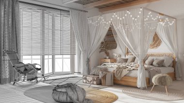 Mimari iç mimar konsepti: el yapımı taslak tamamlanmamış proje gerçek, şık yatak odası ve cibinlikli yatak odası haline geliyor. Bohem Rattan ve ahşap mobilyalar. Boho tarzı