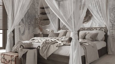 Yatak odası, beyaz ve koyu renkli tenteli yataklarla kapanıyor. Doğal duvar kağıdı, battaniye, yorgan ve yastıklar. Bohem Rattan ve ahşap mobilyalar. Boho tarzı iç tasarım