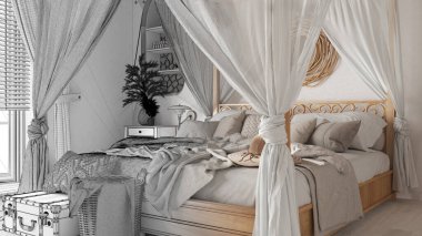 Mimari iç mimar konsepti: elle çizilmiş tamamlanmamış proje gerçeğe dönüşüyor, yatak odası tepe örtülü yatak ile kapanıyor. Bohem stili