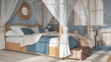 Yatak odası, beyaz ve mavi tonlarda tenteli yatak ile kapanıyor. Doğal duvar kağıdı, battaniye, yorgan ve yastıklar. Bohem Rattan ve ahşap mobilyalar. Boho tarzı iç tasarım