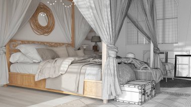 Mimari iç mimar konsepti: elle çizilmiş tamamlanmamış proje gerçeğe dönüşüyor, yatak odası tepe örtülü yatak ile kapanıyor. Bohem stili