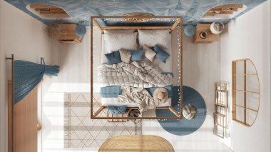 Beyaz ve mavi tonlarda tenteli yataklı bohem yatak odası. Parke ve doğal duvar kağıdı. Rattan ve ahşap mobilyalar. Boho tarzı iç tasarım, üst görünüm, plan, yukarıda