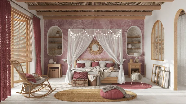 Bohemian bedroom with canopy bed in white and red pastel tones. Parquet, natural wallpaper and cane ceiling. Rattan and wooden furniture. Boho style interior design