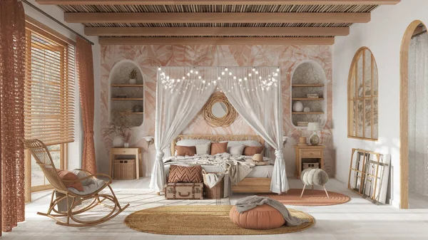 Bohemian bedroom with canopy bed in white and orange pastel tones. Parquet, natural wallpaper and cane ceiling. Rattan and wooden furniture. Boho style interior design