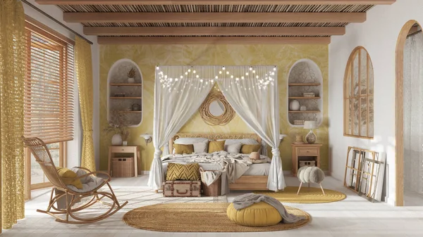 Bohemian bedroom with canopy bed in white and yellow pastel tones. Parquet, natural wallpaper and cane ceiling. Rattan and wooden furniture. Boho style interior design