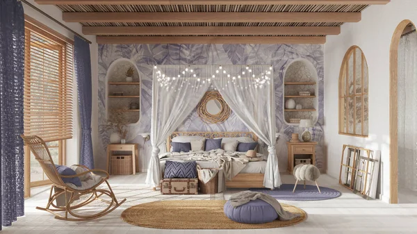 Bohemian bedroom with canopy bed in white and purple pastel tones. Parquet, natural wallpaper and cane ceiling. Rattan and wooden furniture. Boho style interior design