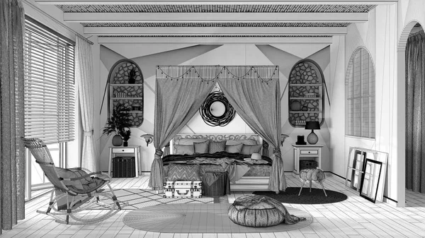 Blueprint Unfinished Project Draft Bohemian Bedroom Canopy Bed Parquet Cane — Zdjęcie stockowe