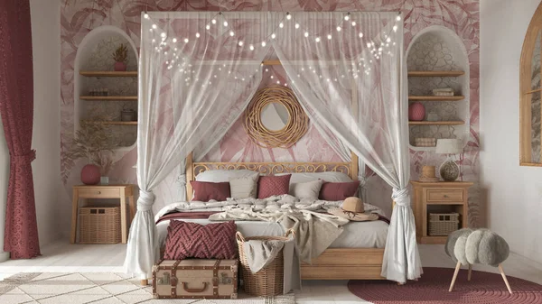 Bohemian Bedroom Canopy Bed White Red Tones Parquet Natural Wallpaper — Stock Photo, Image