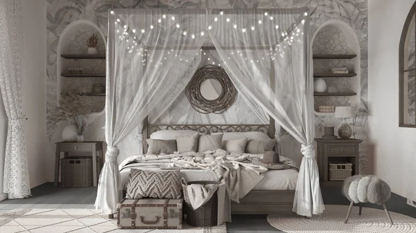 Bohemian bedroom with canopy bed in white and dark tones. Parquet, natural wallpaper and ethnic carpets. Rattan and wooden furniture. Boho style interior design