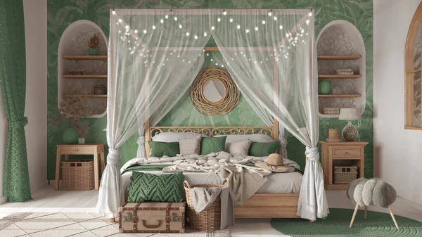 Bohemian bedroom with canopy bed in white and green tones. Parquet, natural wallpaper and ethnic carpets. Rattan and wooden furniture. Boho style interior design