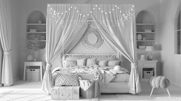 Total White Project Draft Bohemian Bedroom Canopy Bed Parquet Ethnic — Stock Fotó
