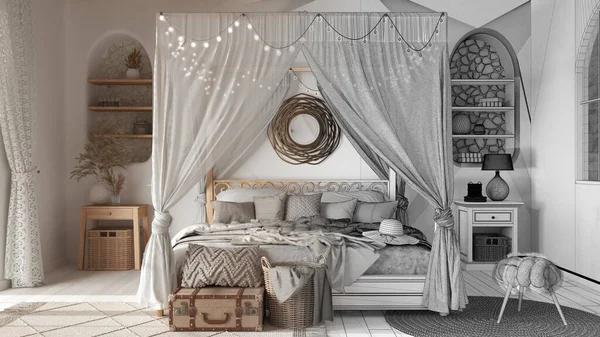 Architect interior designer concept: hand-drawn draft unfinished project that becomes real, bohemian bedroom with canopy bed. Rattan and wooden furniture. Boho style interior design