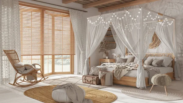 Elegant bedroom with canopy bed in white and beige tones. Parquet, natural wallpaper and cane ceiling. Bohemian rattan and wooden furniture. Boho style interior design