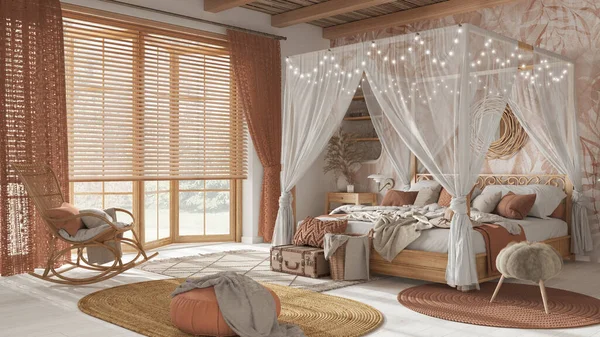 Elegant Bedroom Canopy Bed White Orange Tones Parquet Natural Wallpaper — Foto de Stock