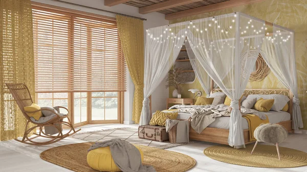 Beyaz Sarı Tonlarda Tenteli Yataklı Zarif Bir Yatak Odası Parke — Stok fotoğraf