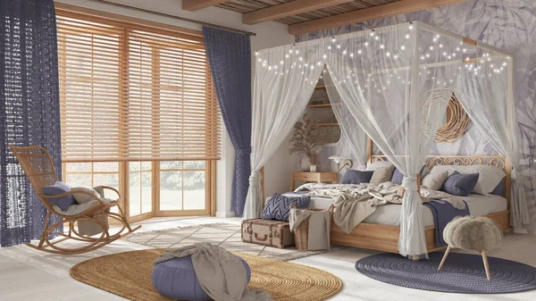 Elegantes Schlafzimmer Mit Himmelbett Weißen Und Lila Tönen Parkett Naturtapeten — Stockfoto