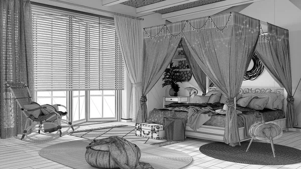 Blueprint unfinished project draft, elegant bedroom with canopy bed. Parquet, natural wallpaper and cane ceiling. Bohemian bleached wooden furniture. Boho style interior design