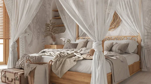Bedroom close up with canopy bed in white and beige tones. Natural wallpaper. blankets, duvet and pillows. Bohemian rattan and wooden furniture. Boho style interior design