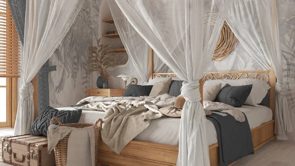 Bedroom close up with canopy bed in white and gray tones. Natural wallpaper, blankets, duvet and pillows. Bohemian rattan and wooden furniture. Boho style interior design