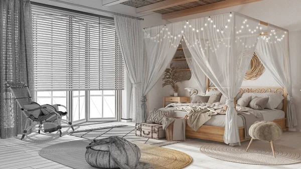 Mimari iç mimar konsepti: el yapımı taslak tamamlanmamış proje gerçek, şık yatak odası ve cibinlikli yatak odası haline geliyor. Bohem Rattan ve ahşap mobilyalar. Boho tarzı