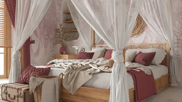 Bedroom Close Canopy Bed White Red Tones Natural Wallpaper Blankets — стоковое фото