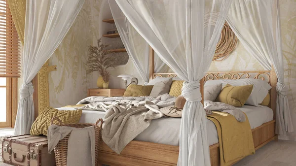 Bedroom close up with canopy bed in white and yellow tones. Natural wallpaper, blankets, duvet and pillows. Bohemian rattan and wooden furniture. Boho style interior design