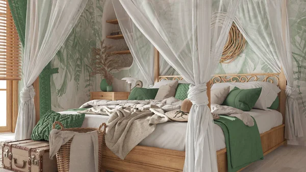 Bedroom Close Canopy Bed White Green Tones Natural Wallpaper Blankets — Stok fotoğraf
