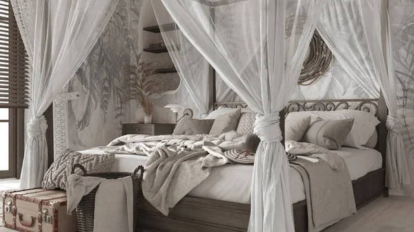 Bedroom Close Canopy Bed White Dark Tones Natural Wallpaper Blankets — Stok fotoğraf