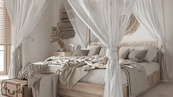 Bedroom close up with canopy bed in white and beige tones. Blankets, duvet and pillows. Bohemian rattan and bleached wooden furniture. Boho style interior design
