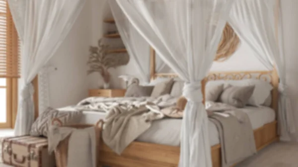 Unscharfer Hintergrund Schlafzimmer Großaufnahme Mit Himmelbett Decken Bettdecken Und Kissen — Stockfoto