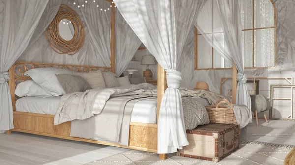 Yatak odası beyaz ve bej renkte tenteli yatak ile kapanıyor. Doğal duvar kağıdı, battaniye, yorgan ve yastıklar. Bohem Rattan ve ahşap mobilyalar. Boho tarzı iç tasarım