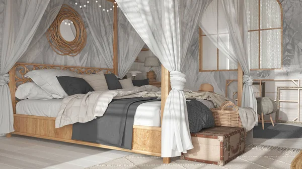 Bedroom close up with canopy bed in white and gray tones. Natural wallpaper, blankets, duvet and pillows. Bohemian rattan and wooden furniture. Boho style interior design