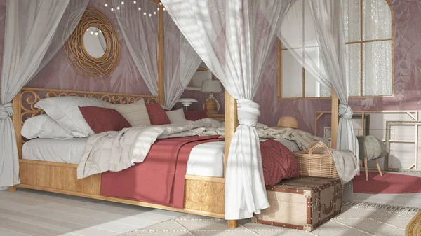 Bedroom close up with canopy bed in white and red tones. Natural wallpaper, blankets, duvet and pillows. Bohemian rattan and wooden furniture. Boho style interior design