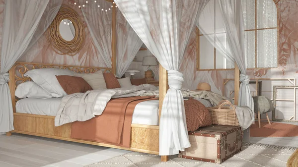 Bedroom Close Canopy Bed White Orange Tones Natural Wallpaper Blankets — Stok fotoğraf