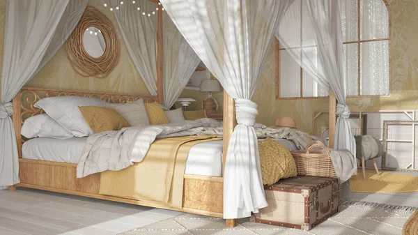 Bedroom Close Canopy Bed White Yellow Tones Natural Wallpaper Blankets — Foto de Stock