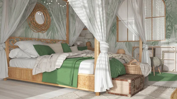 Schlafzimmer Großaufnahme Mit Himmelbett Weiß Und Grüntönen Naturtapeten Decken Bettdecken — Stockfoto