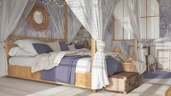 Bedroom close up with canopy bed in white and purple tones. Natural wallpaper, blankets, duvet and pillows. Bohemian rattan and wooden furniture. Boho style interior design